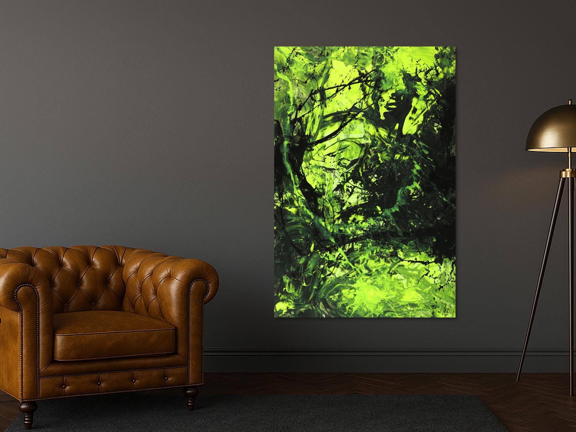 Abstraktes Gemälde neon grün schwarz Action Painting handgemalt auf Leinwand im Hochformat