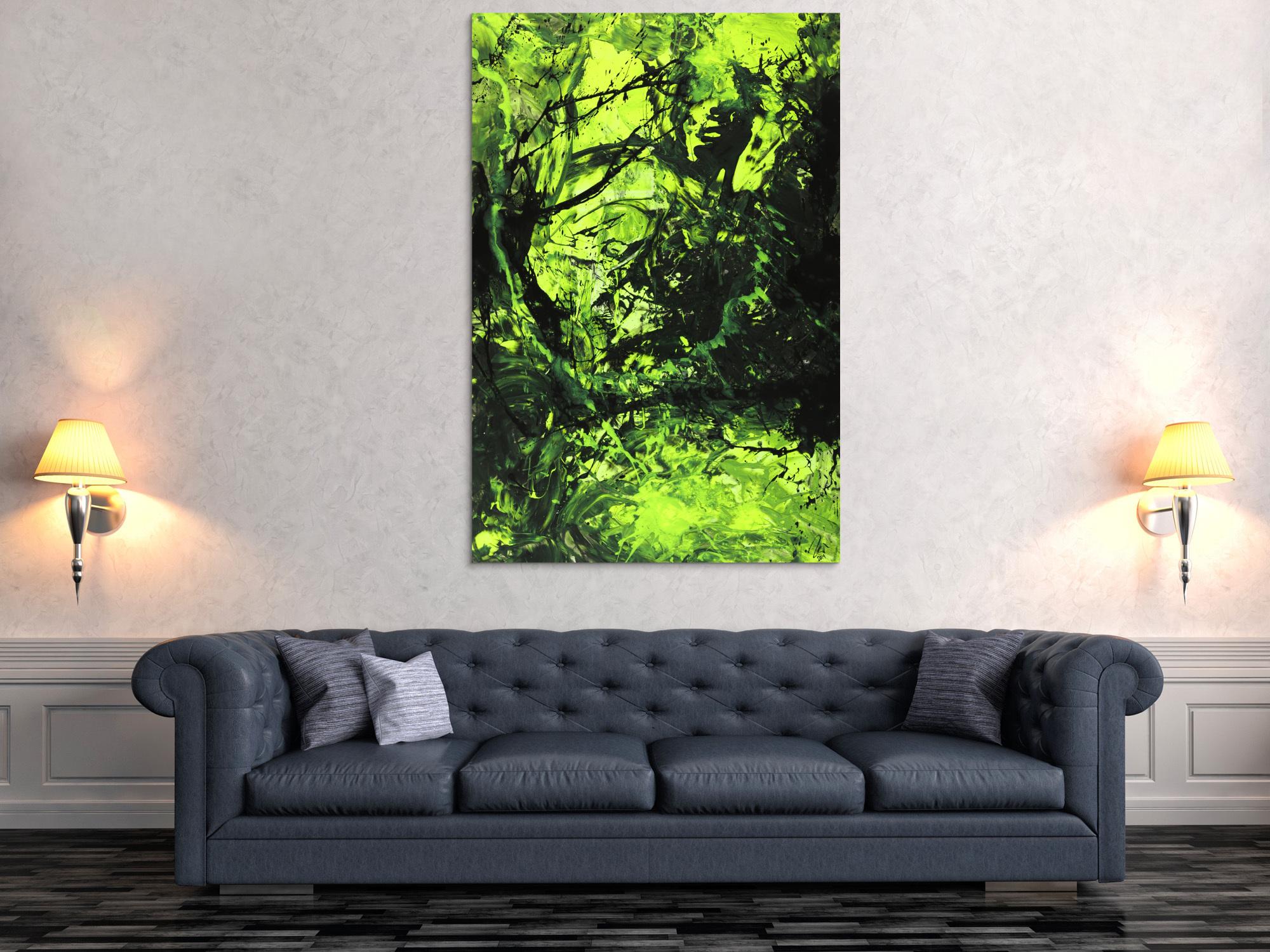 Abstraktes Gemälde neon grün schwarz Action Painting handgemalt auf Leinwand im Hochformat