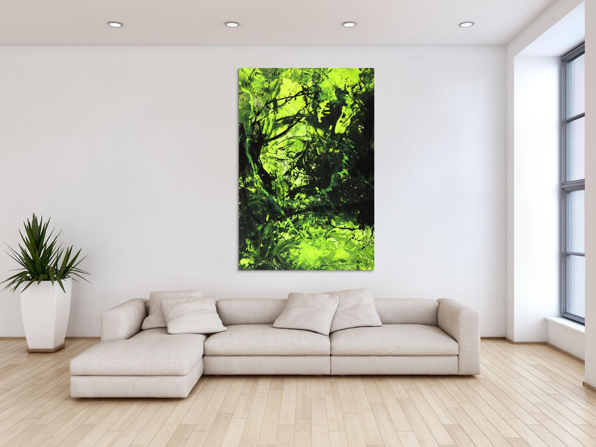 Abstraktes Gemälde neon grün schwarz Action Painting handgemalt auf Leinwand im Hochformat