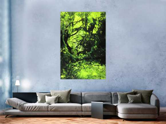 Abstraktes Gemälde neon grün schwarz Action Painting handgemalt auf Leinwand im Hochformat