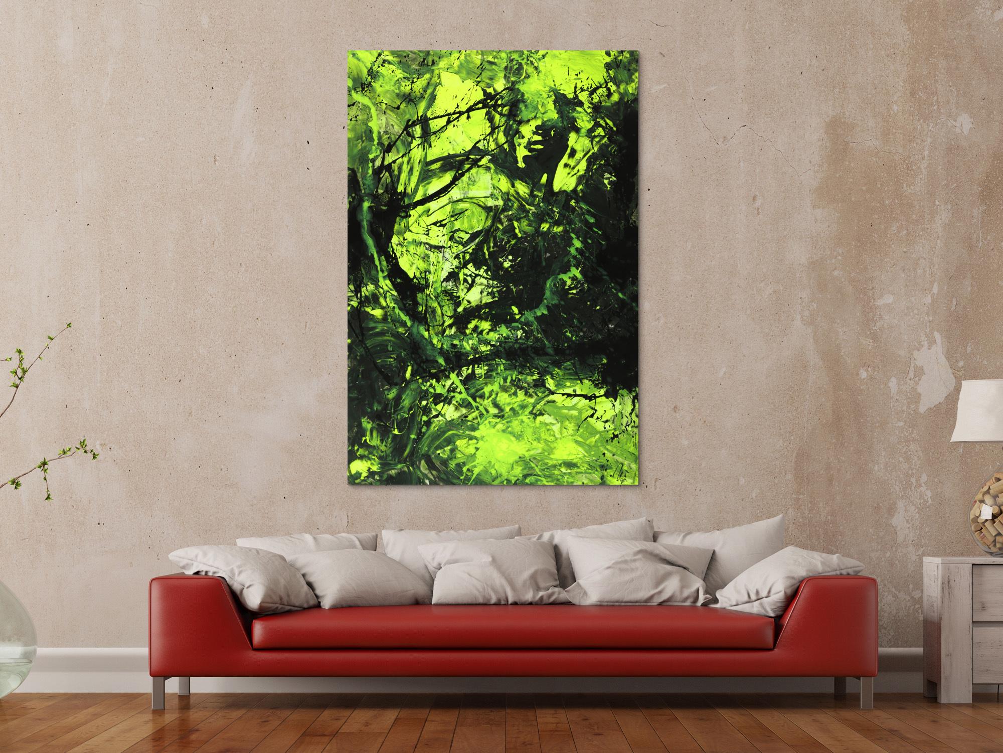 Abstraktes Gemälde neon grün schwarz Action Painting handgemalt auf Leinwand im Hochformat