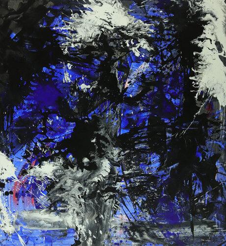 Abstraktes Gemälde auf Leinwand Action Painting blau schwarz