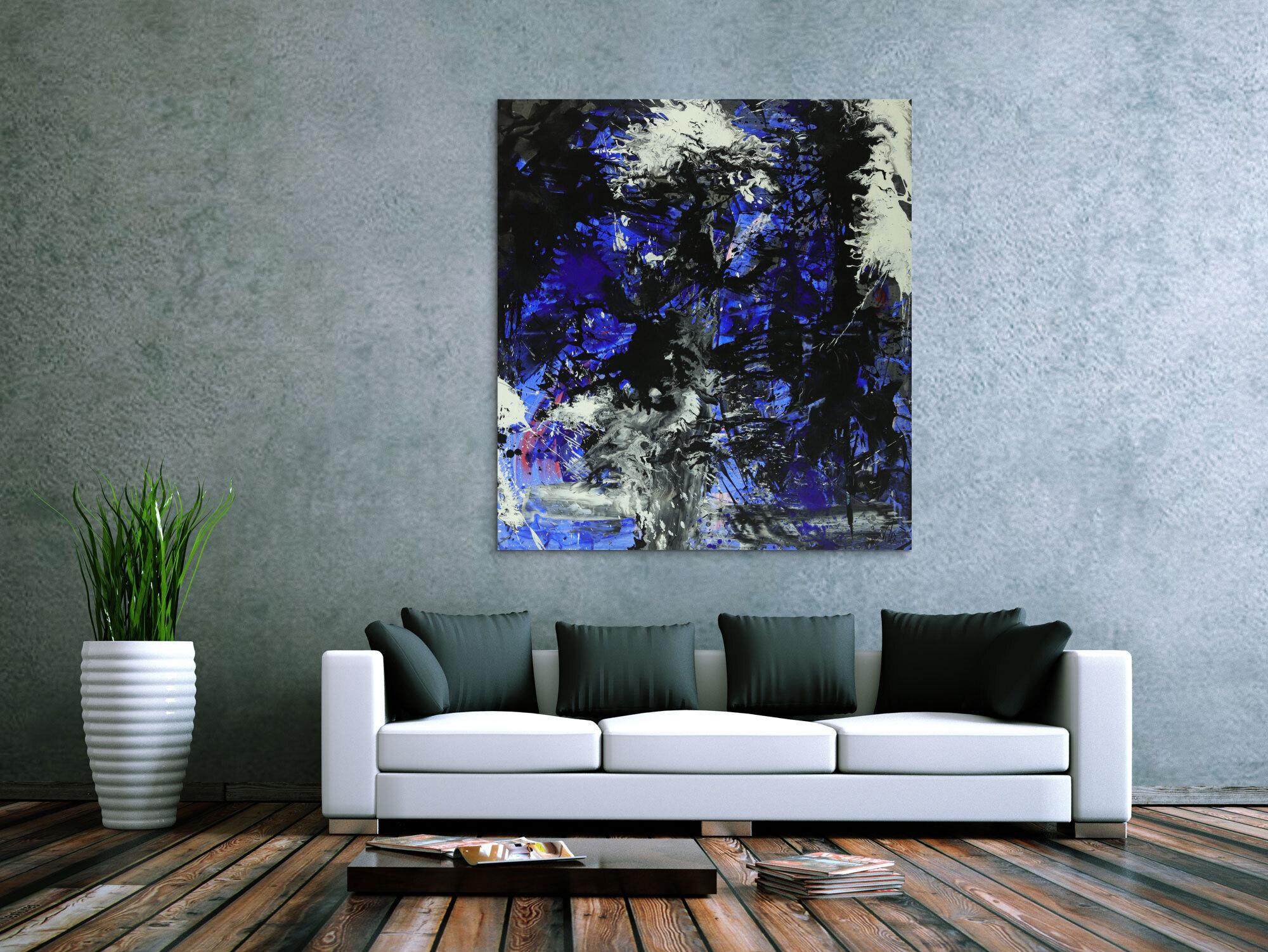 Abstraktes Gemälde auf Leinwand Action Painting blau schwarz