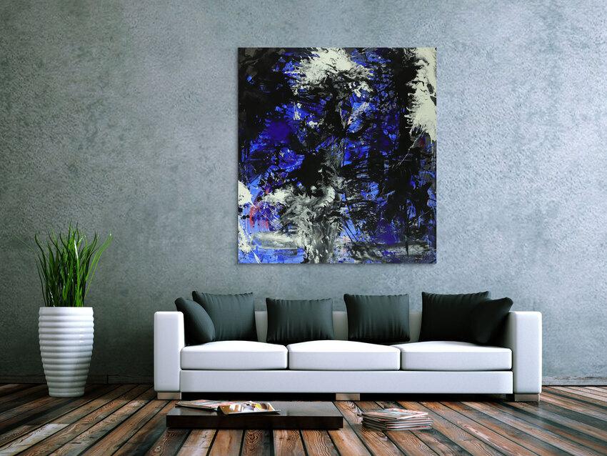 Abstraktes Gemälde auf Leinwand Action Painting blau schwarz
