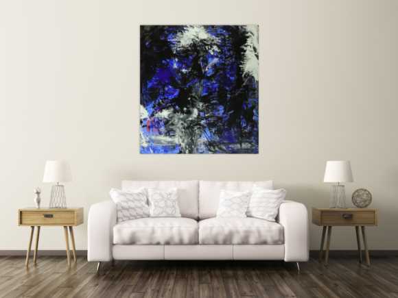 Abstraktes Gemälde auf Leinwand Action Painting blau schwarz