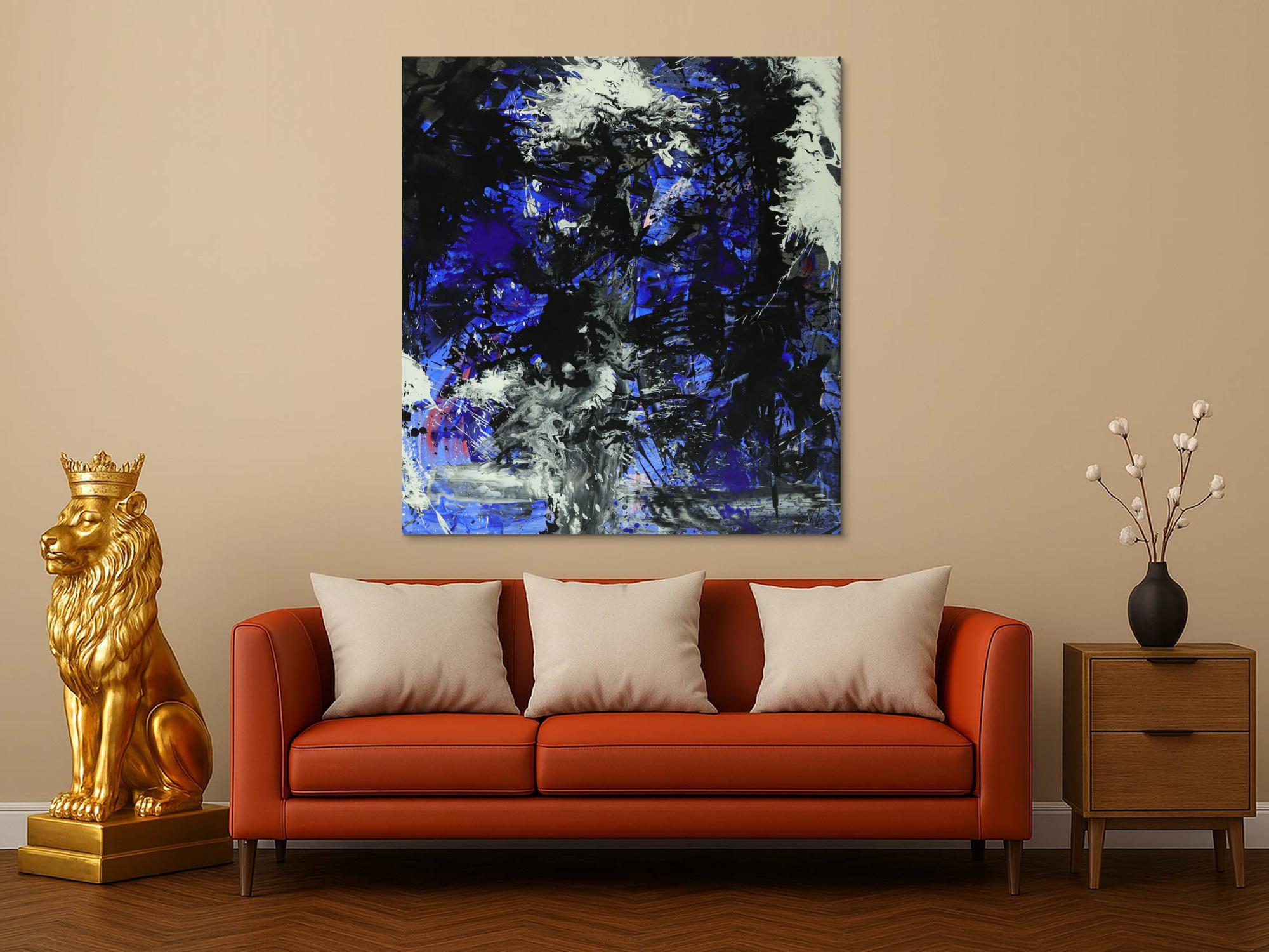 Abstraktes Gemälde auf Leinwand Action Painting blau schwarz