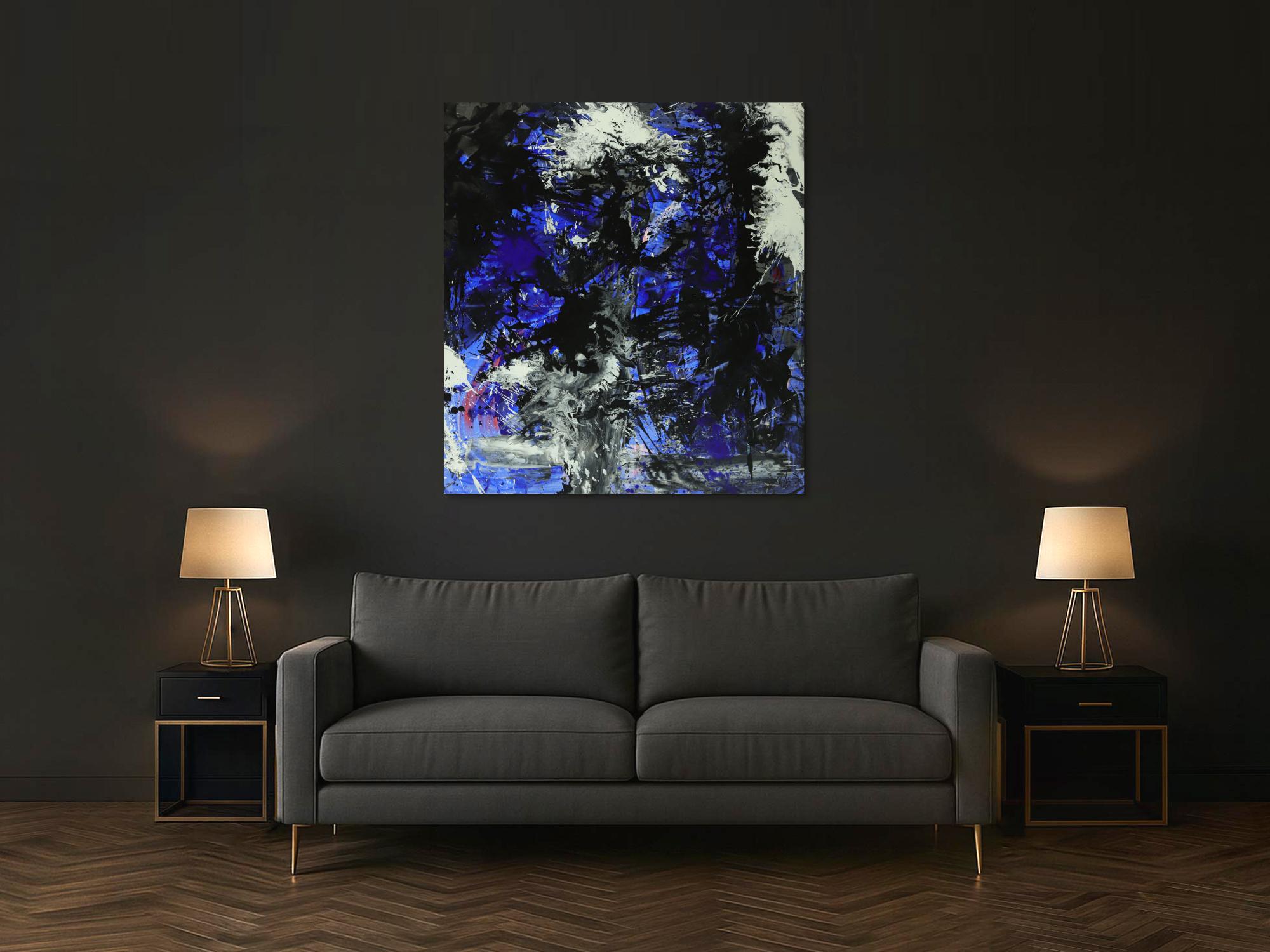 Abstraktes Gemälde auf Leinwand Action Painting blau schwarz