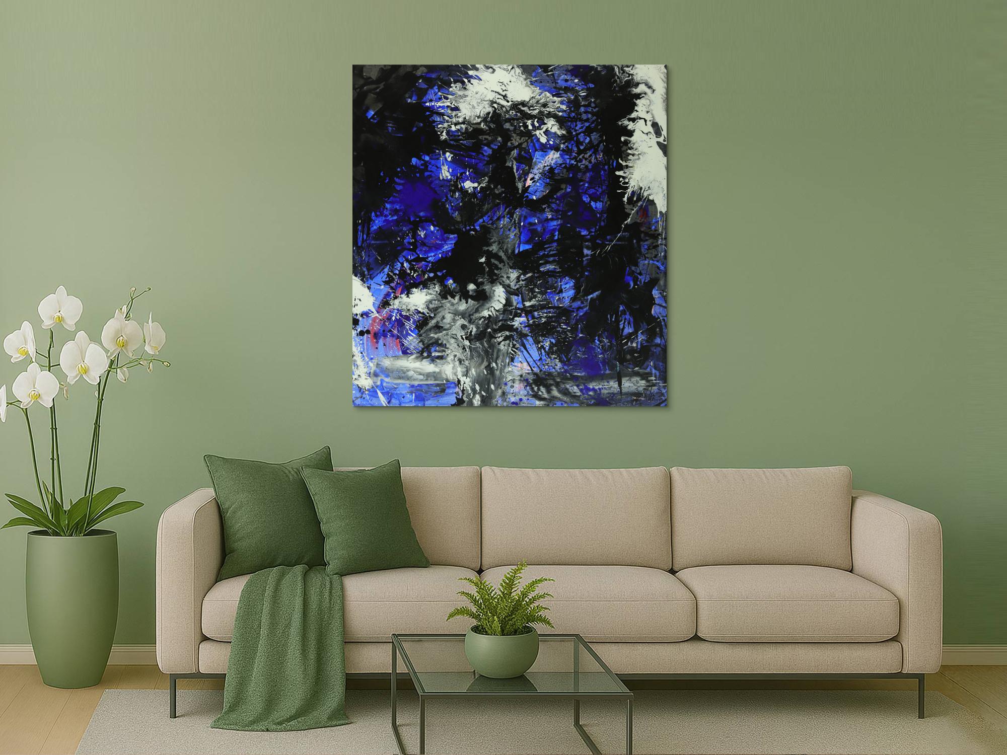 Abstraktes Gemälde auf Leinwand Action Painting blau schwarz