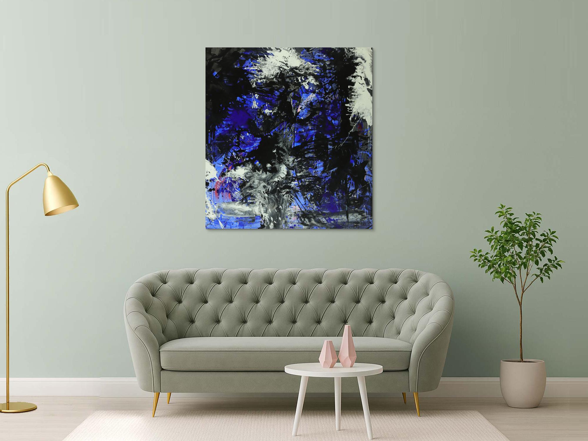 Abstraktes Gemälde auf Leinwand Action Painting blau schwarz