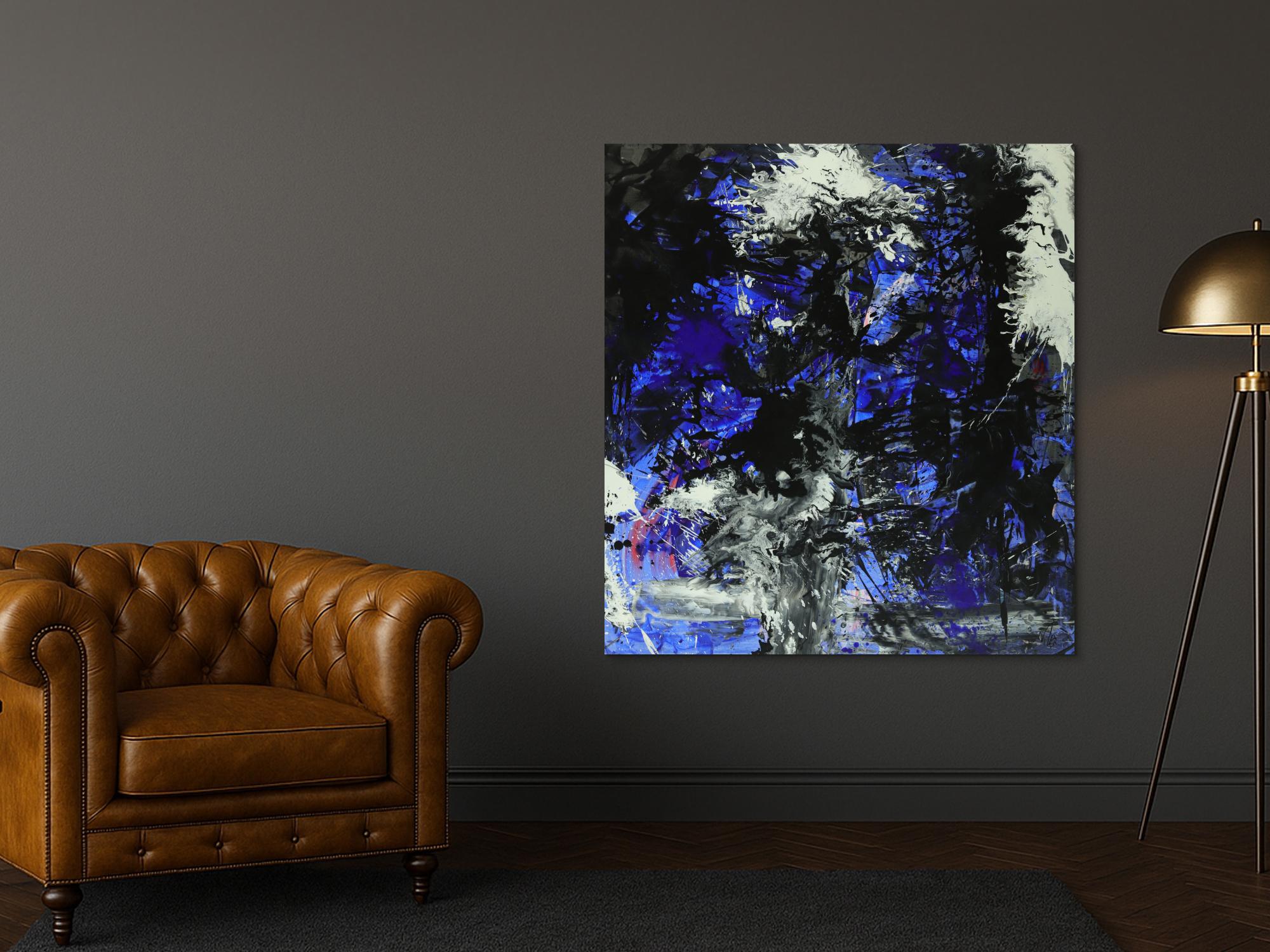 Abstraktes Gemälde auf Leinwand Action Painting blau schwarz