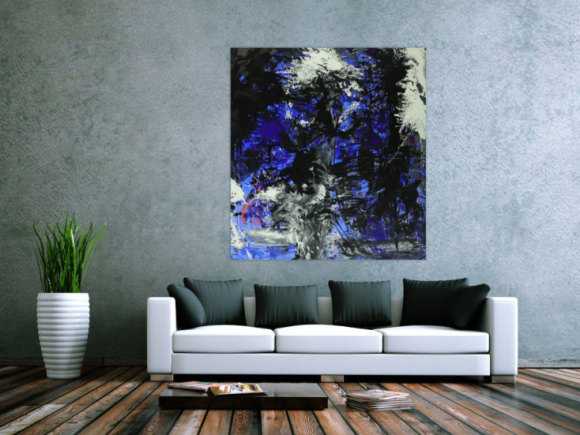 Abstraktes Gemälde auf Leinwand Action Painting blau schwarz