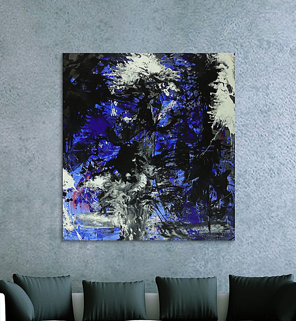 Abstraktes Gemälde auf Leinwand Action Painting blau schwarz