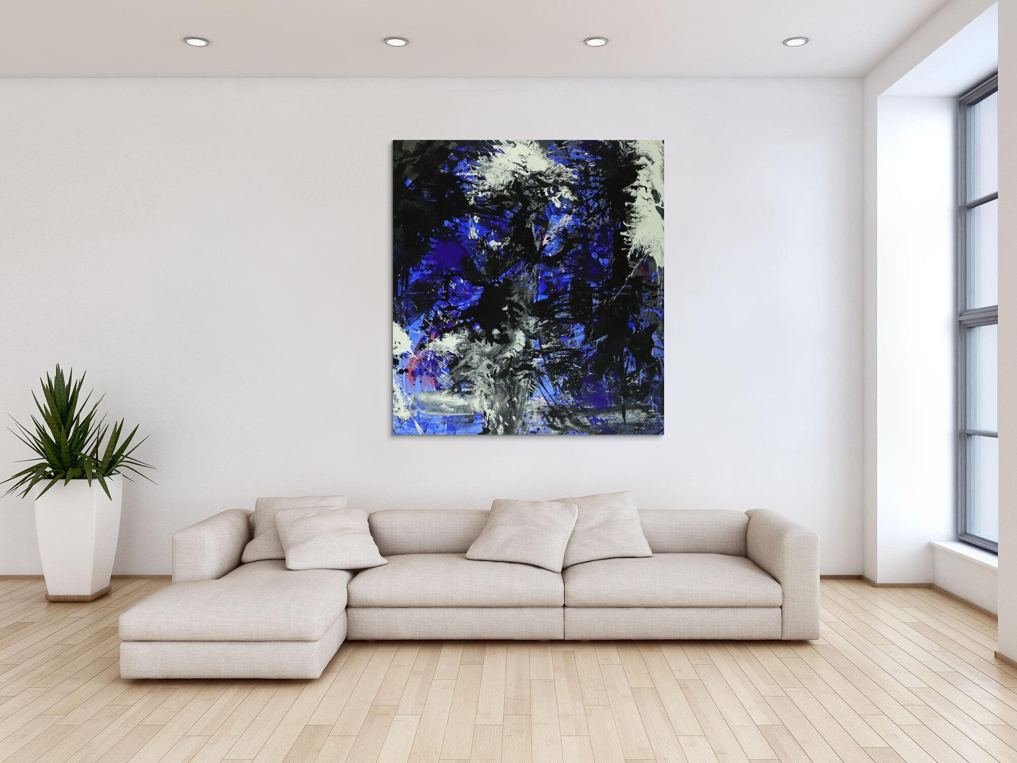Abstraktes Gemälde auf Leinwand Action Painting blau schwarz