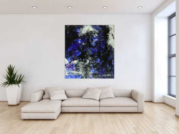 Abstraktes Gemälde auf Leinwand Action Painting blau schwarz