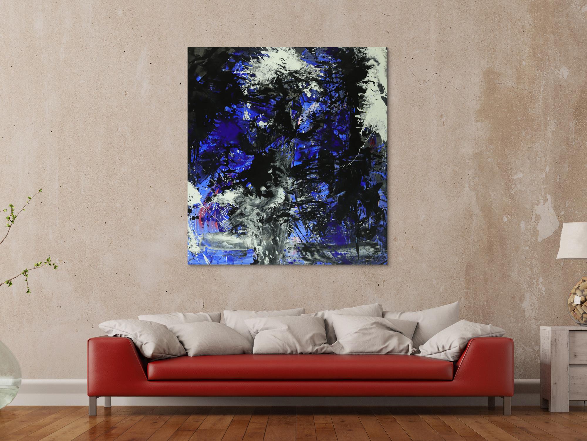Abstraktes Gemälde auf Leinwand Action Painting blau schwarz
