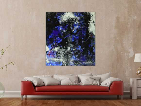 Abstraktes Gemälde auf Leinwand Action Painting blau schwarz