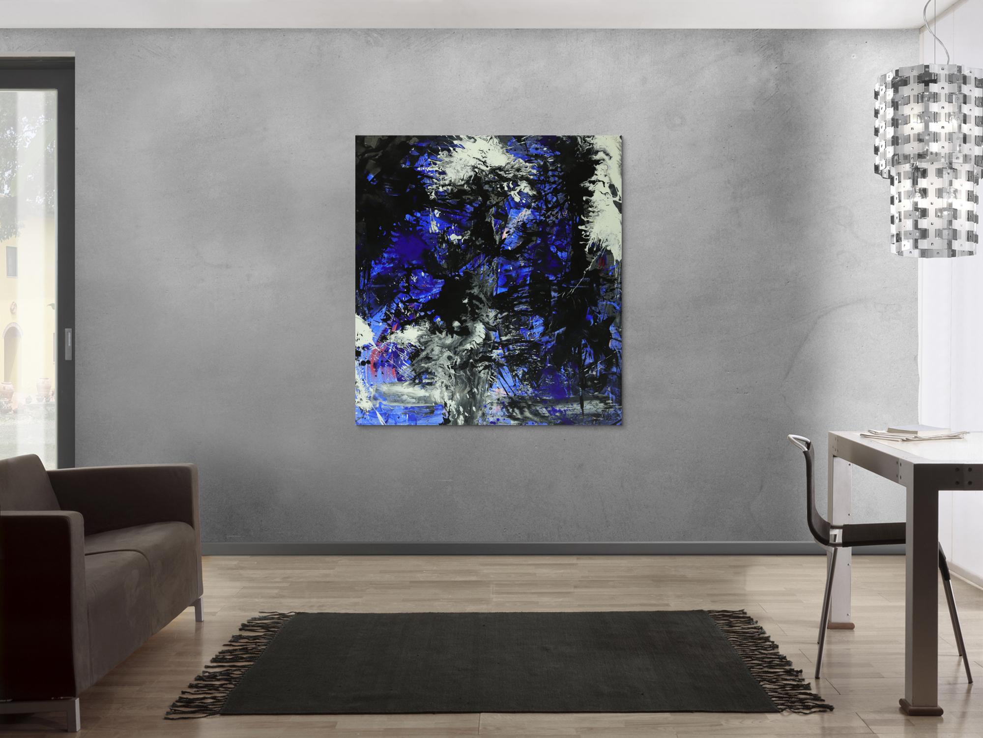 Abstraktes Gemälde auf Leinwand Action Painting blau schwarz