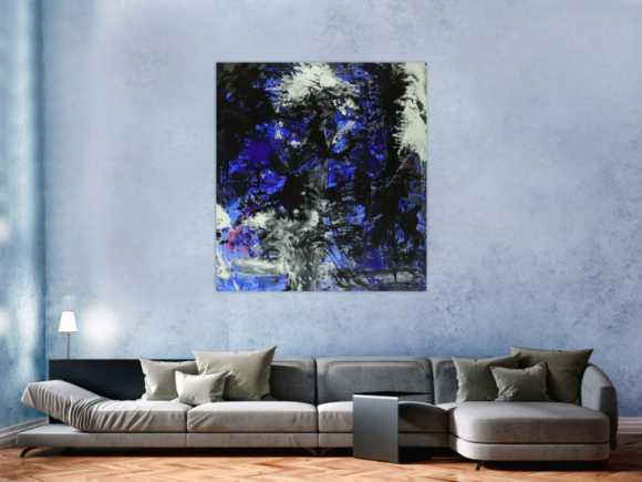 Abstraktes Gemälde auf Leinwand Action Painting blau schwarz