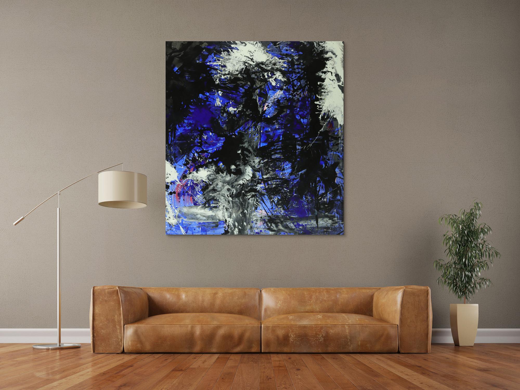 Abstraktes Gemälde auf Leinwand Action Painting blau schwarz