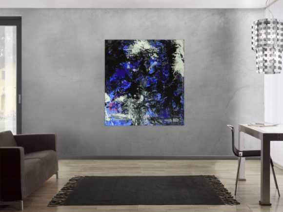 Abstraktes Gemälde auf Leinwand Action Painting blau schwarz