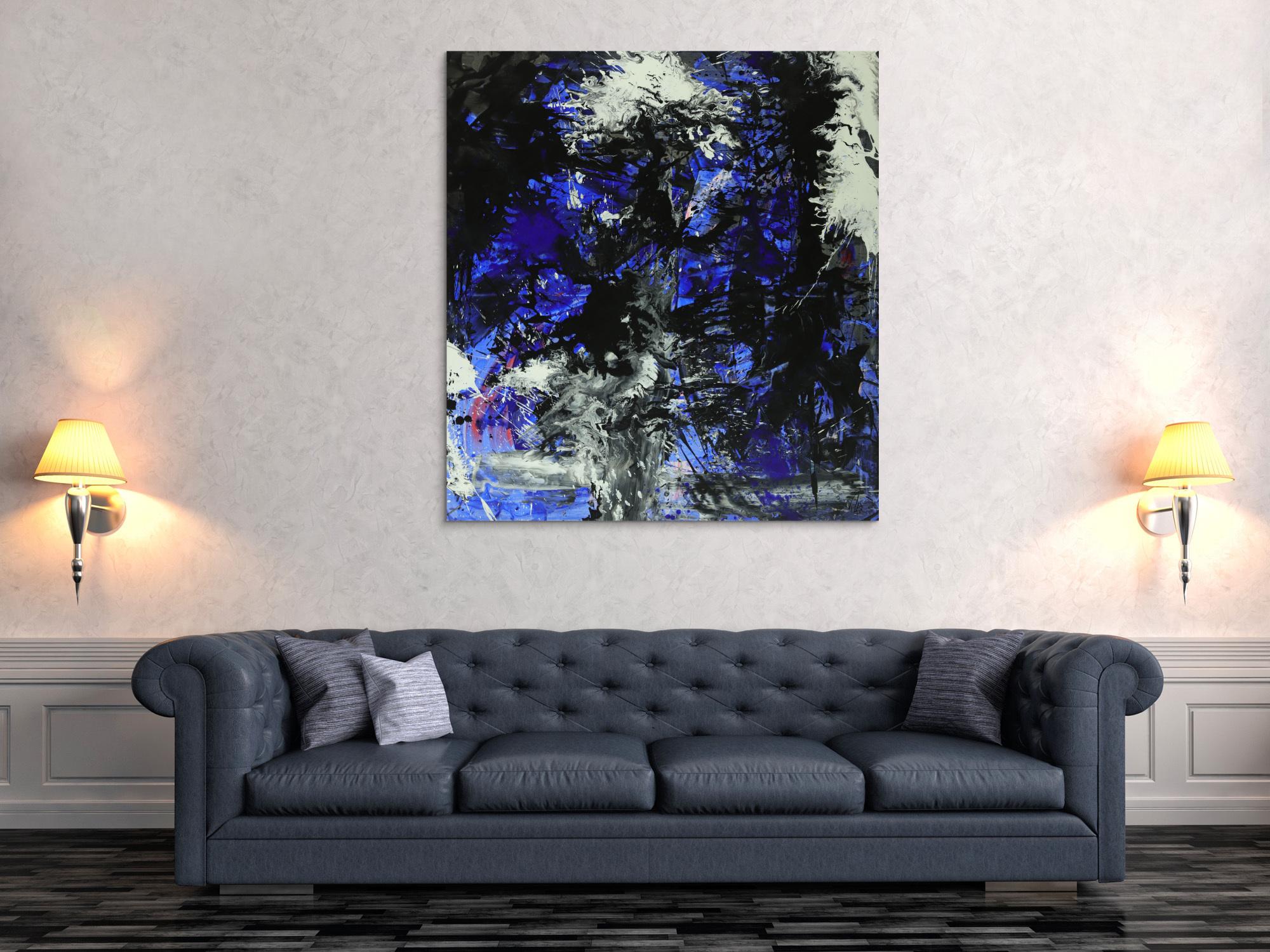 Abstraktes Gemälde auf Leinwand Action Painting blau schwarz