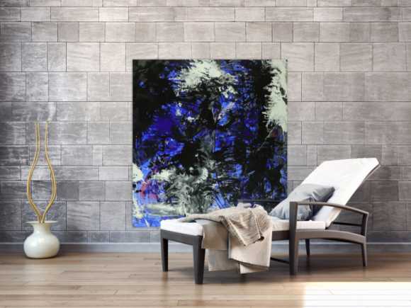 Abstraktes Gemälde auf Leinwand Action Painting blau schwarz