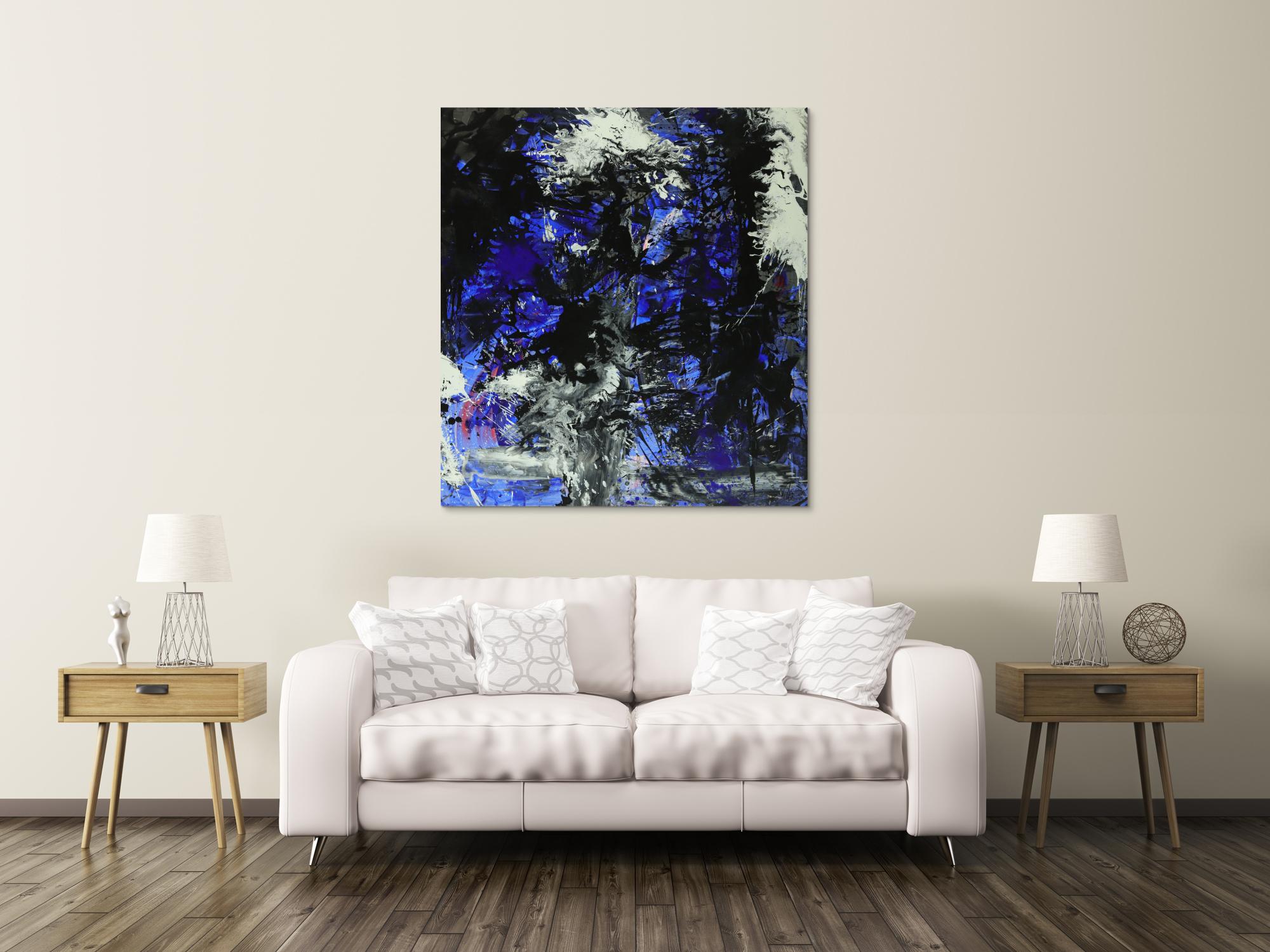 Abstraktes Gemälde auf Leinwand Action Painting blau schwarz
