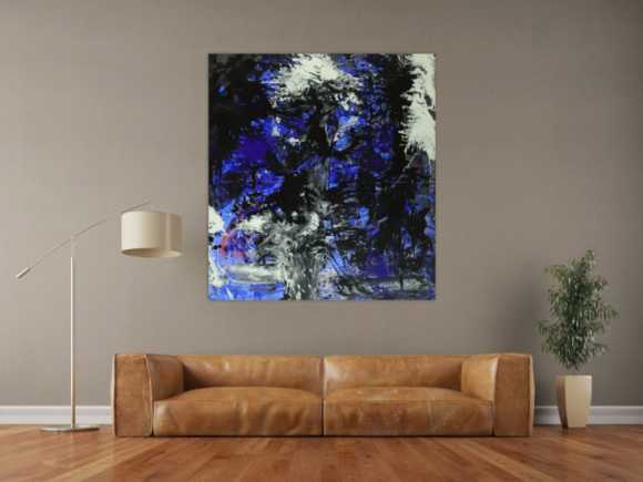 Abstraktes Gemälde auf Leinwand Action Painting blau schwarz