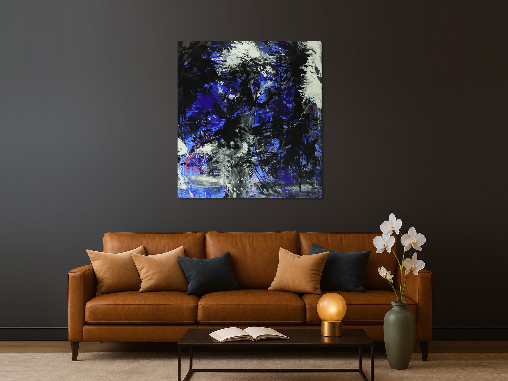 Abstraktes Gemälde auf Leinwand Action Painting blau schwarz