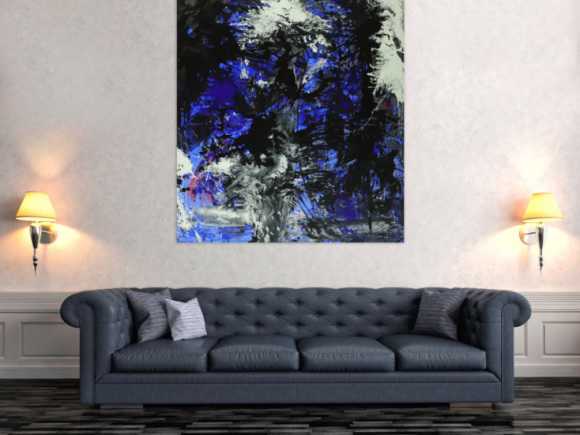 Abstraktes Gemälde auf Leinwand Action Painting blau schwarz