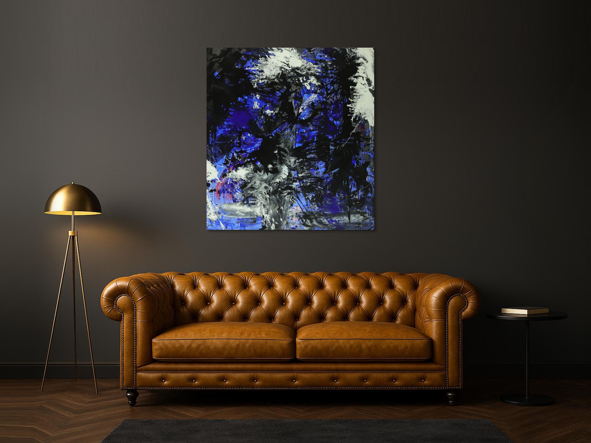 Abstraktes Gemälde auf Leinwand Action Painting blau schwarz