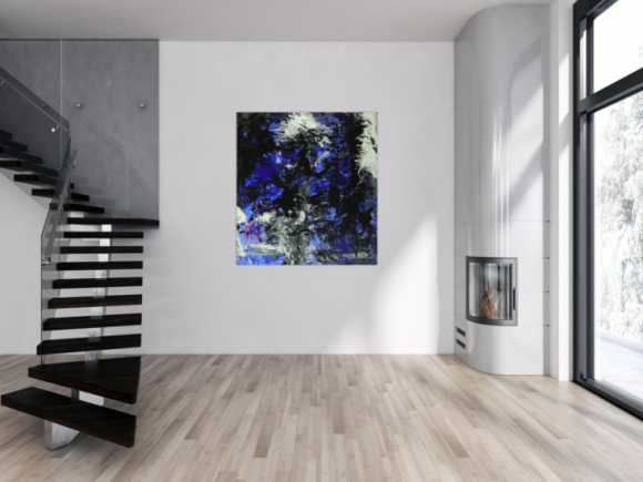 Abstraktes Gemälde auf Leinwand Action Painting blau schwarz