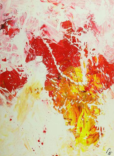 Abstraktes Gemälde Action Painting hochformat weiß rot gelb rosa handgemalt