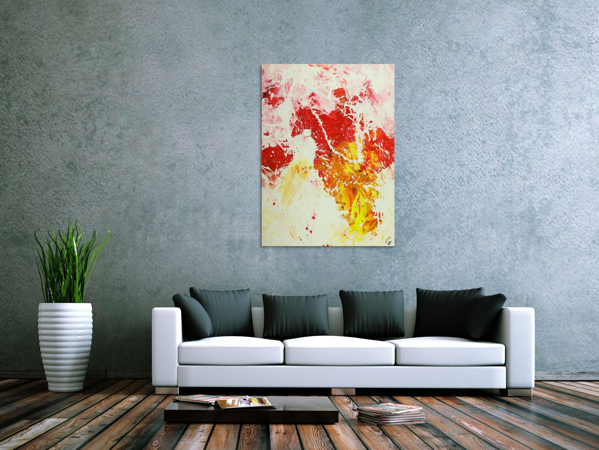 Abstraktes Gemälde Action Painting hochformat weiß rot gelb rosa handgemalt