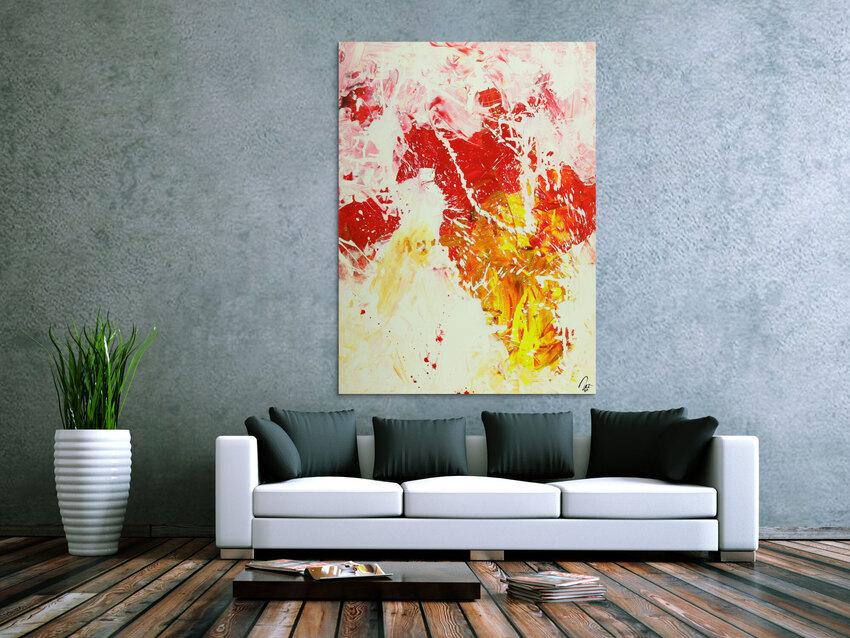 Abstraktes Gemälde Action Painting hochformat weiß rot gelb rosa handgemalt