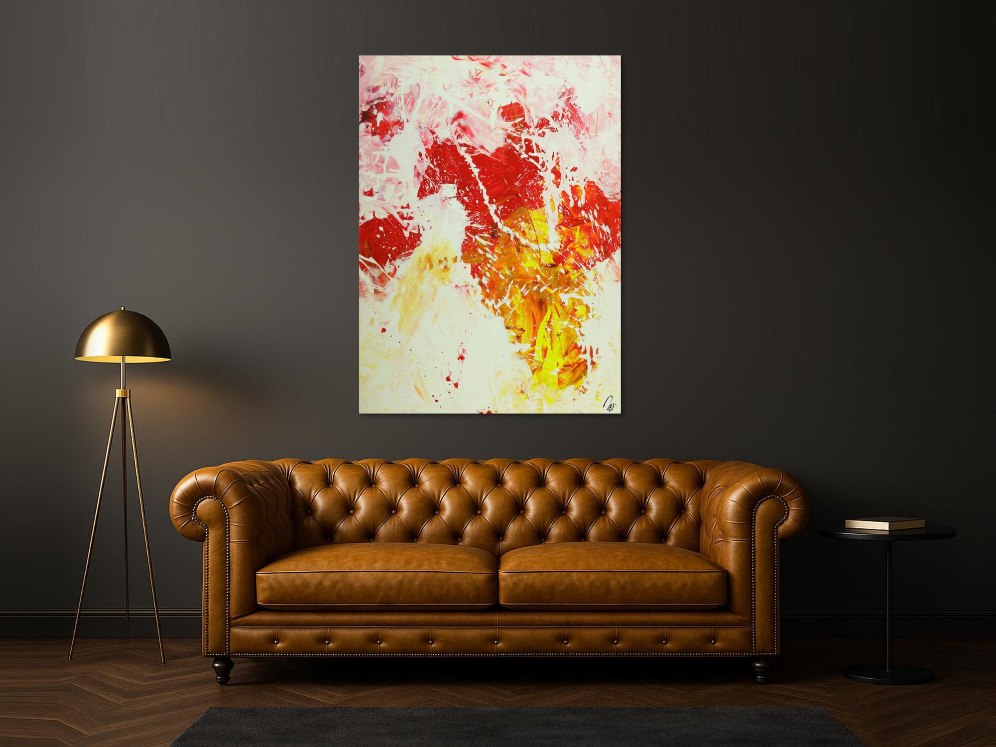 Abstraktes Gemälde Action Painting hochformat weiß rot gelb rosa handgemalt