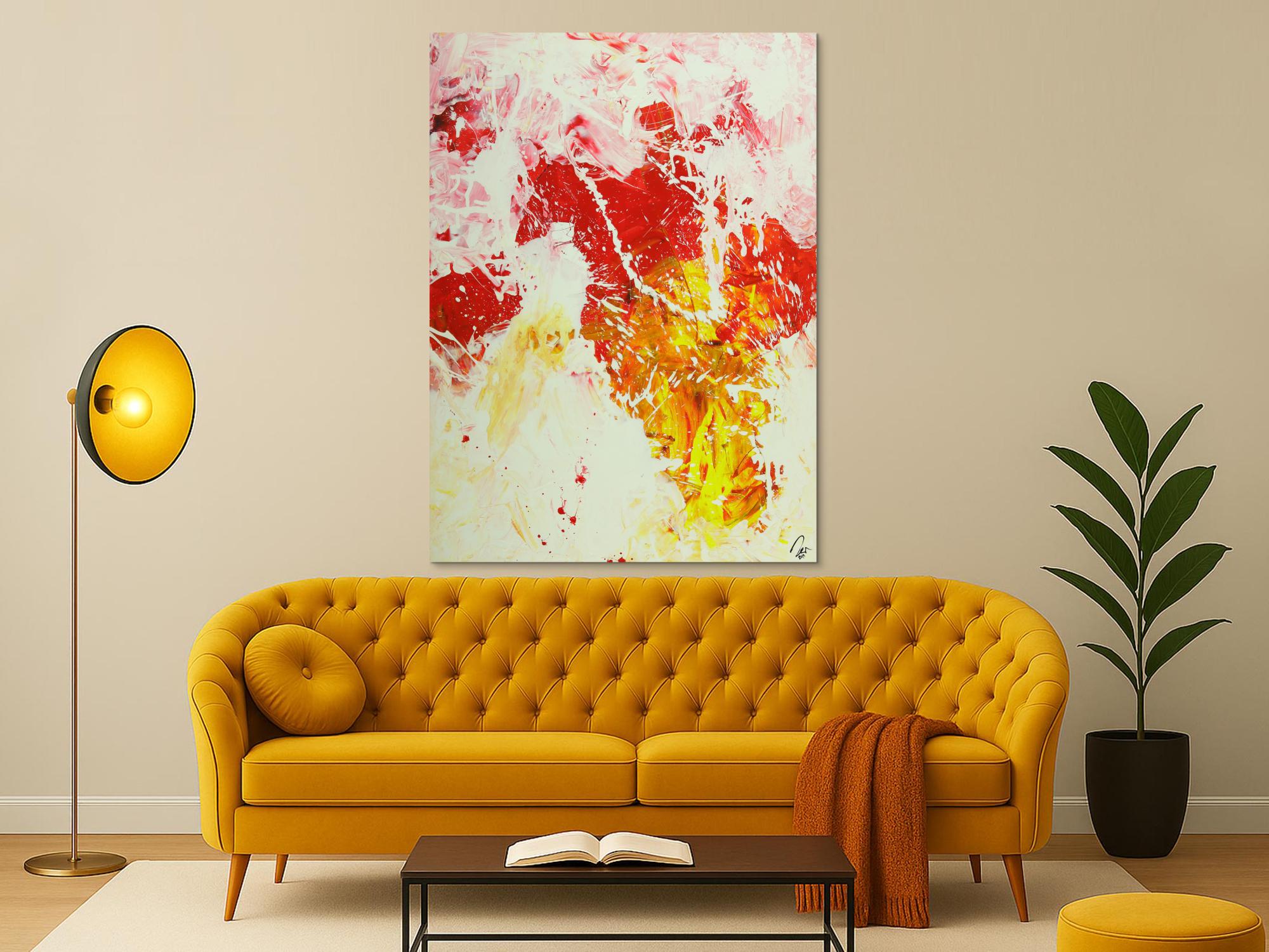 Abstraktes Gemälde Action Painting hochformat weiß rot gelb rosa handgemalt