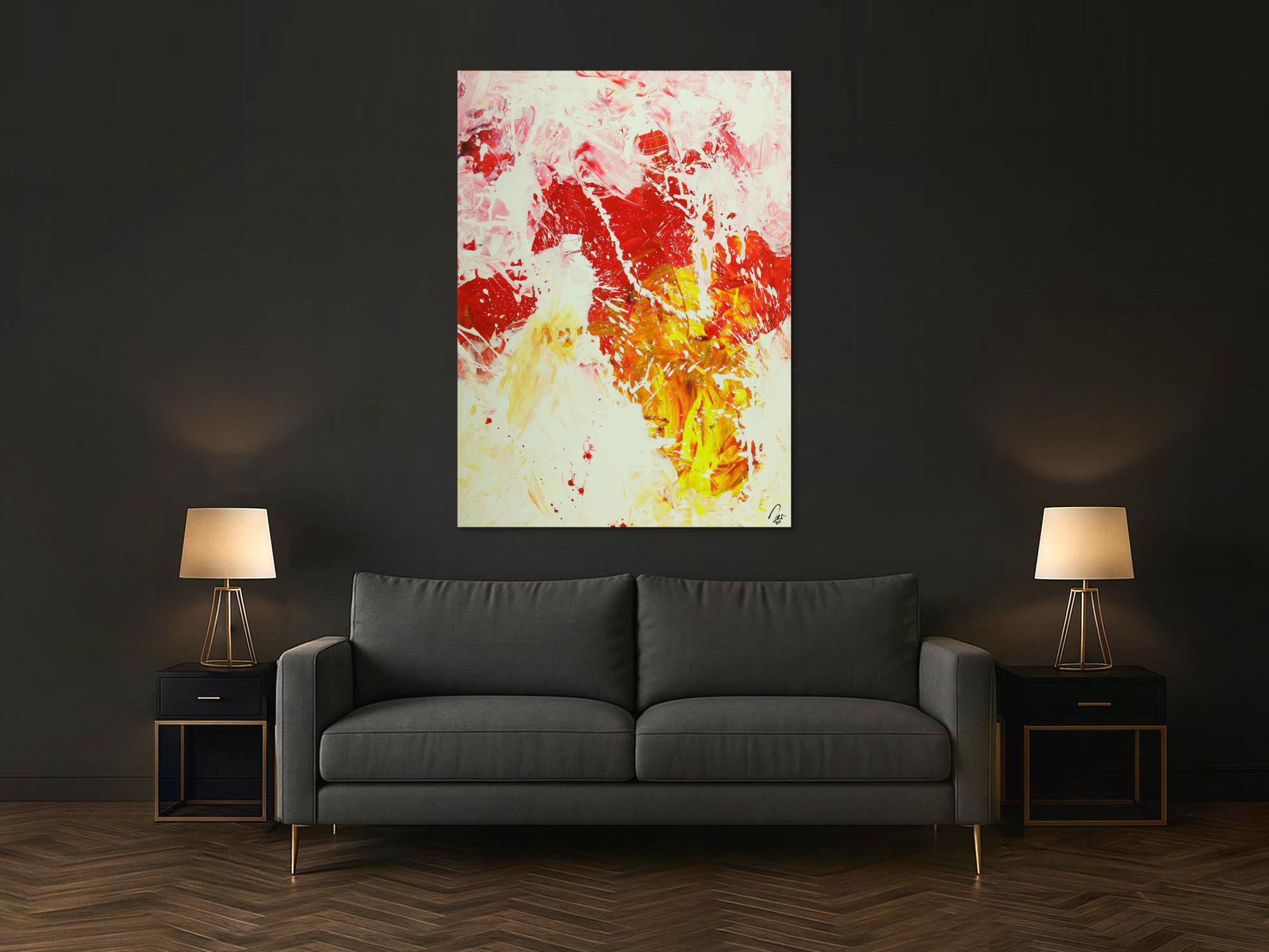 Abstraktes Gemälde Action Painting hochformat weiß rot gelb rosa handgemalt