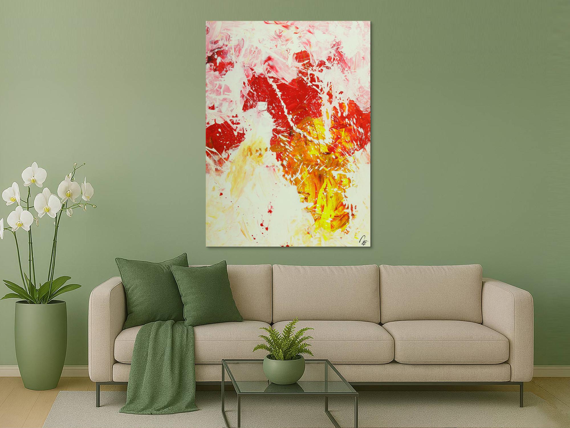 Abstraktes Gemälde Action Painting hochformat weiß rot gelb rosa handgemalt