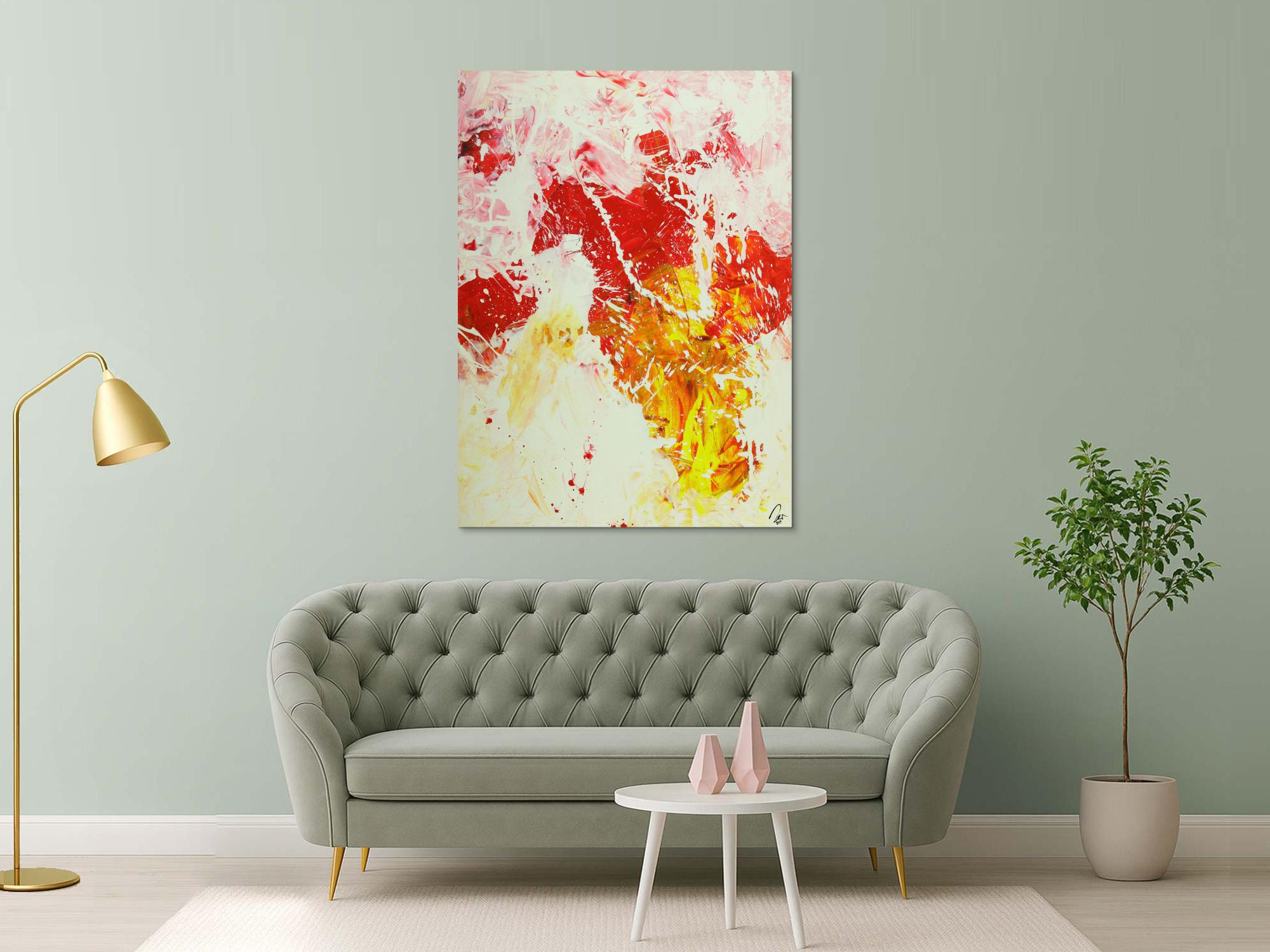 Abstraktes Gemälde Action Painting hochformat weiß rot gelb rosa handgemalt