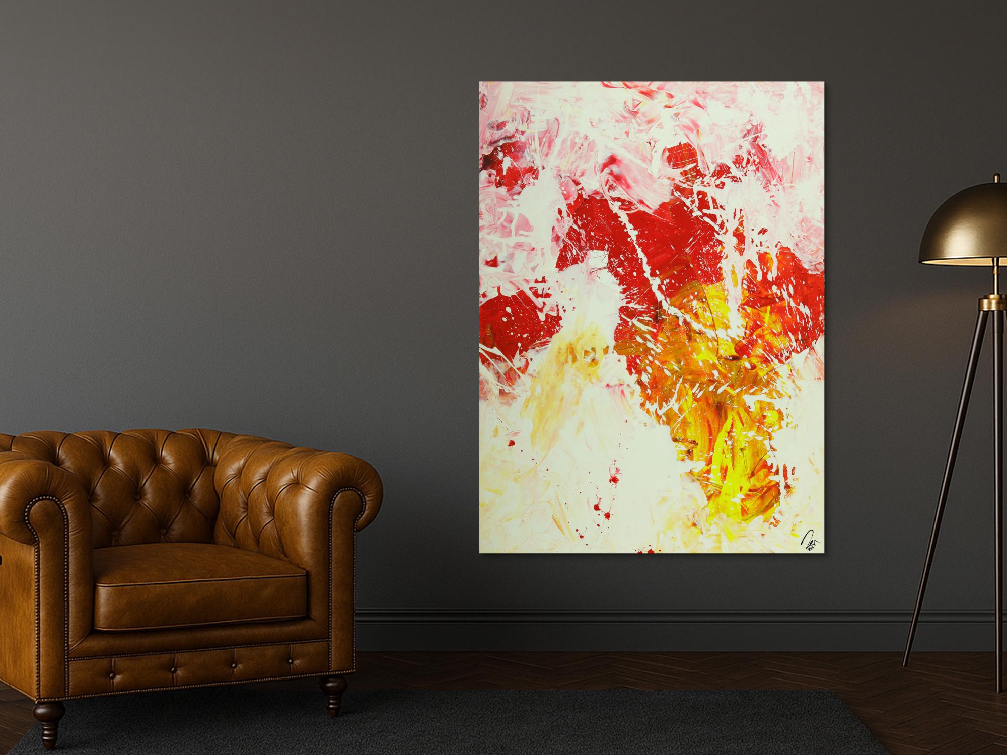 Abstraktes Gemälde Action Painting hochformat weiß rot gelb rosa handgemalt