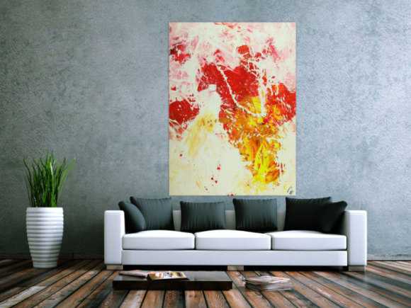 Abstraktes Gemälde Action Painting hochformat weiß rot gelb rosa handgemalt