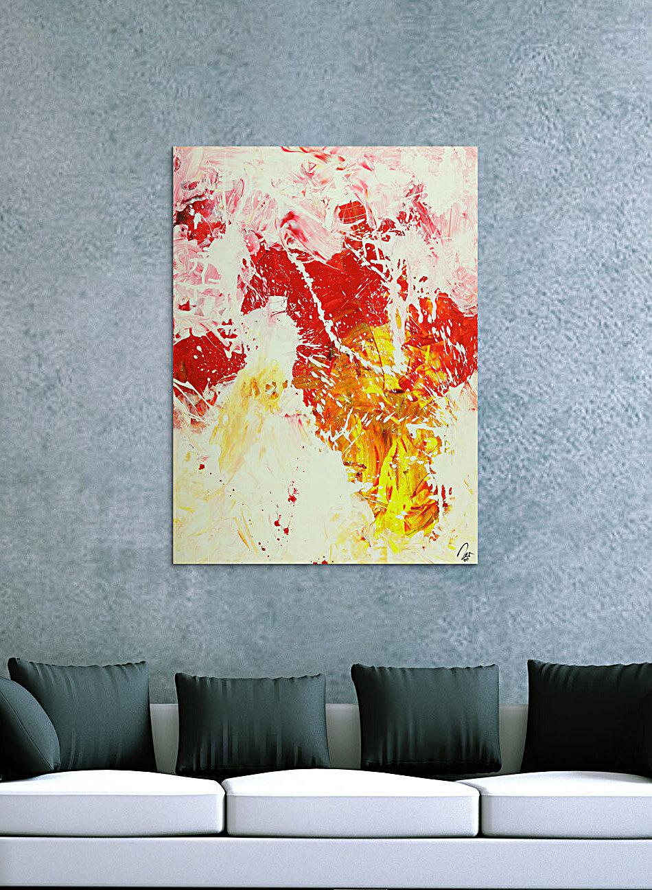 Abstraktes Gemälde Action Painting hochformat weiß rot gelb rosa handgemalt