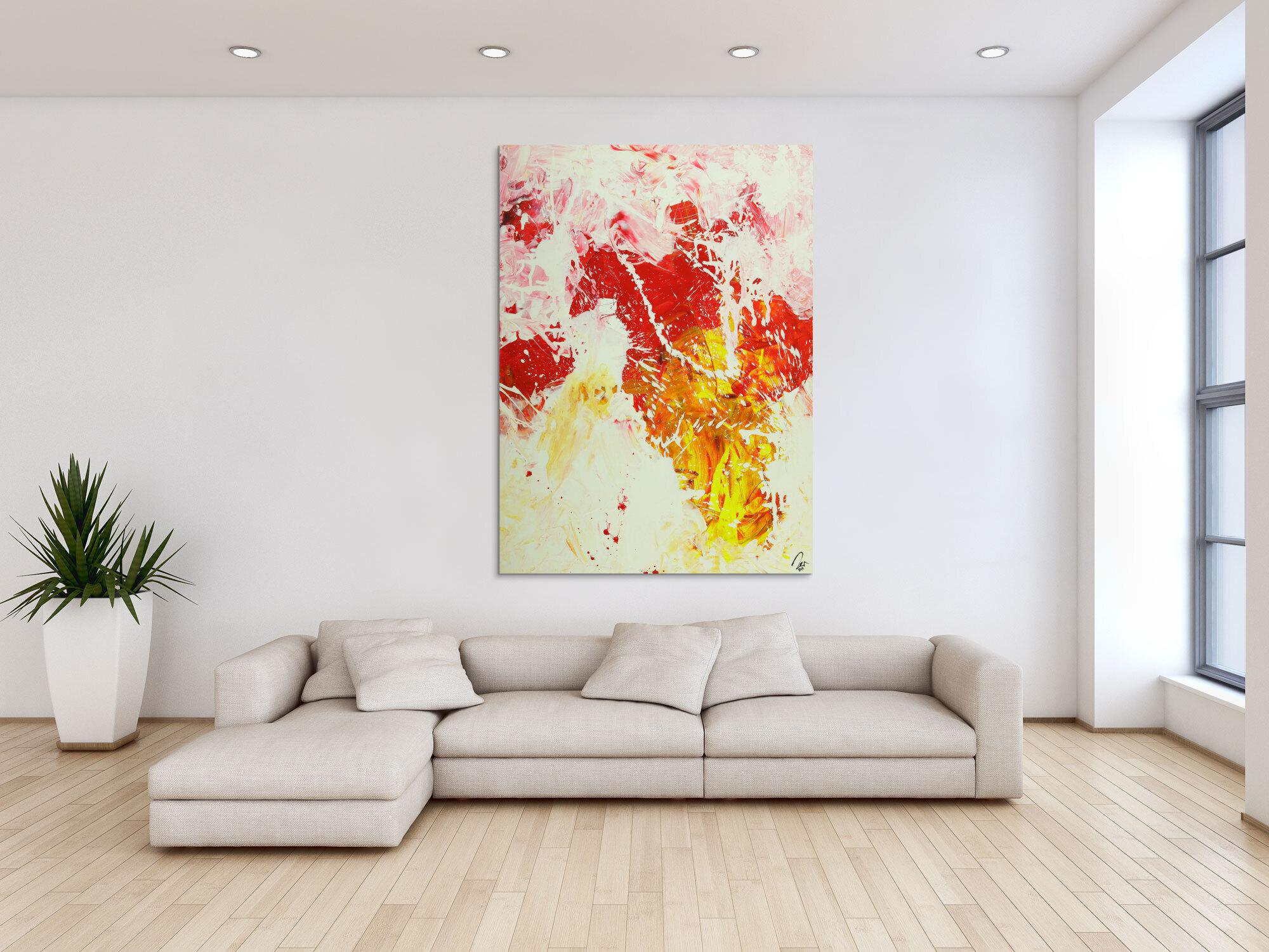 Abstraktes Gemälde Action Painting hochformat weiß rot gelb rosa handgemalt