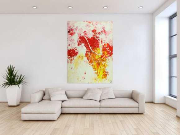 Abstraktes Gemälde Action Painting hochformat weiß rot gelb rosa handgemalt