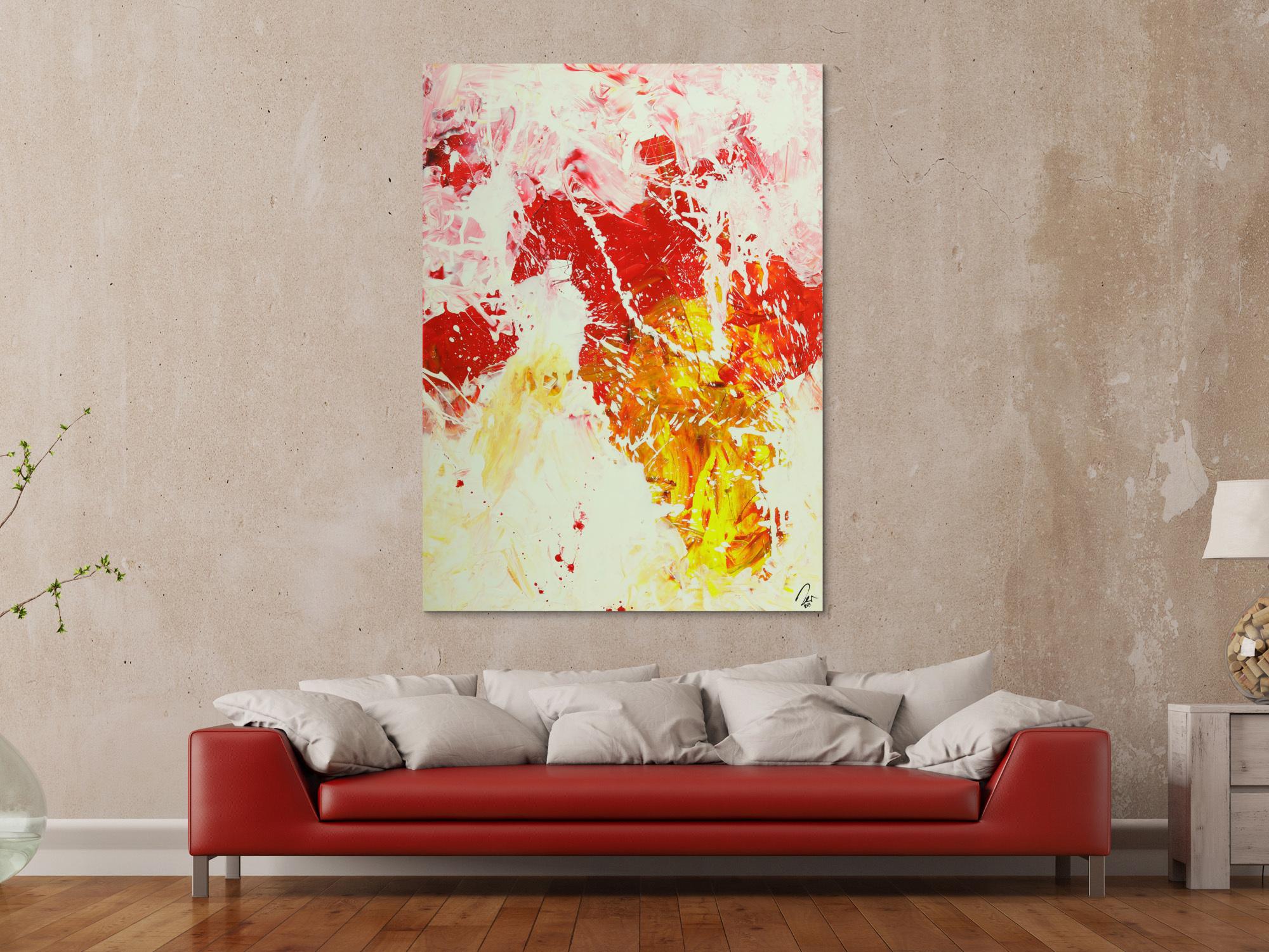 Abstraktes Gemälde Action Painting hochformat weiß rot gelb rosa handgemalt