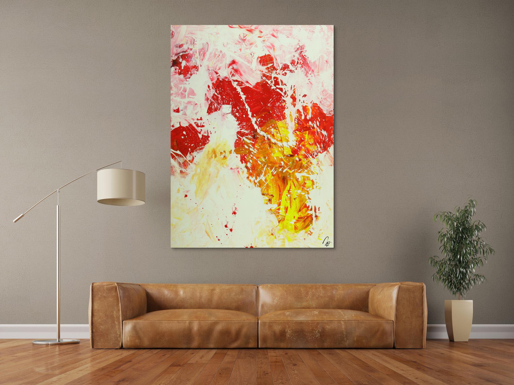 Abstraktes Gemälde Action Painting hochformat weiß rot gelb rosa handgemalt