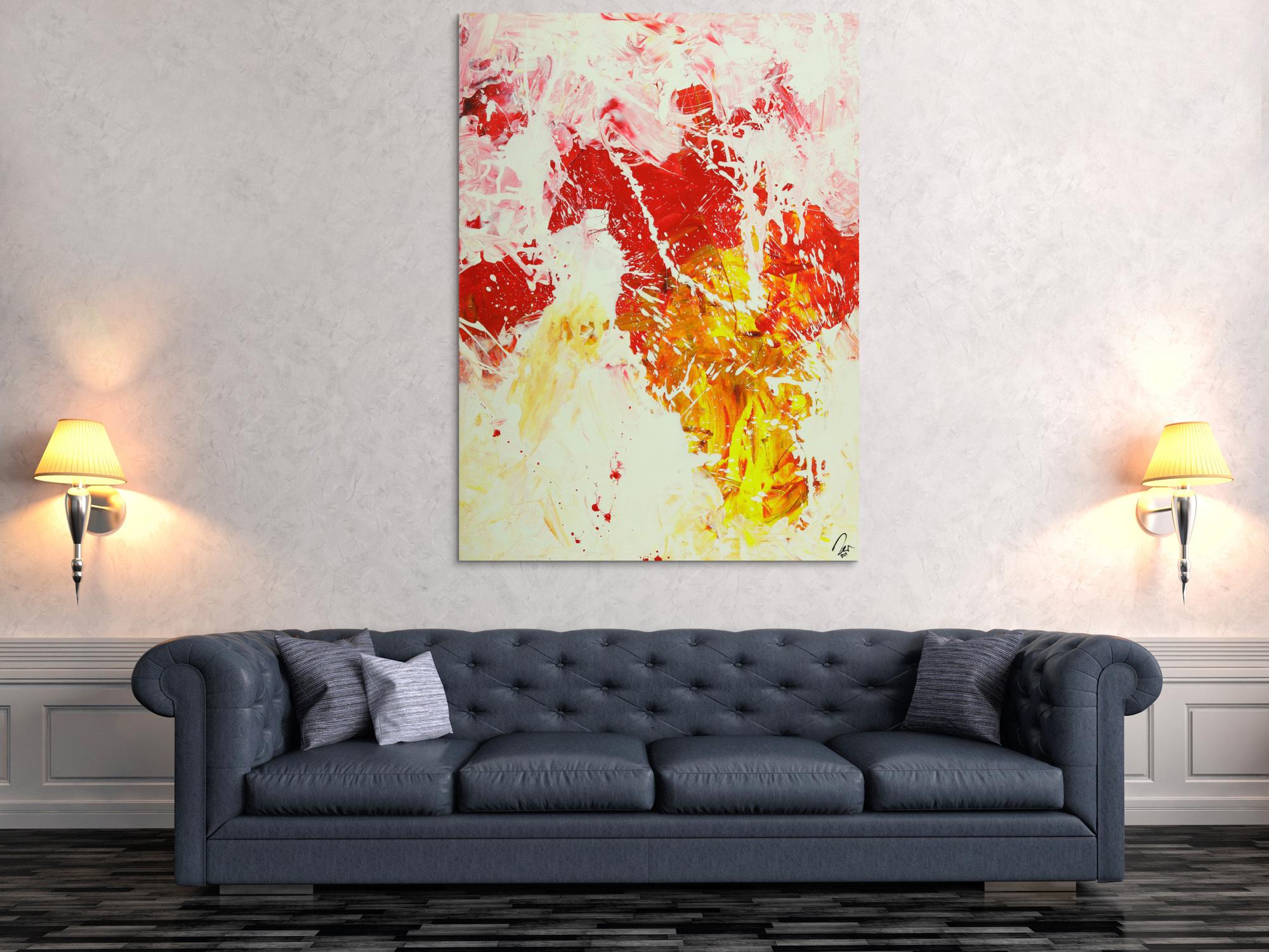 Abstraktes Gemälde Action Painting hochformat weiß rot gelb rosa handgemalt