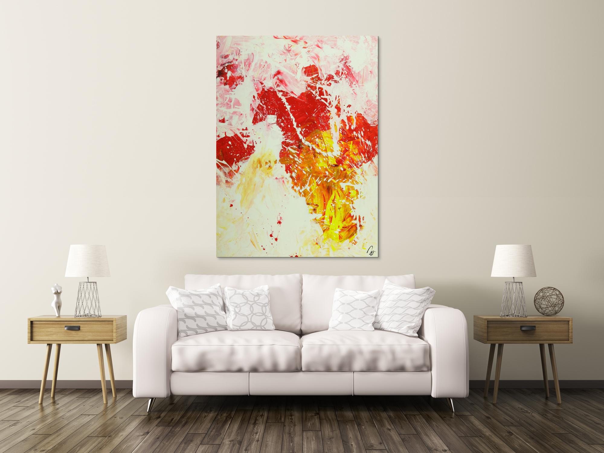 Abstraktes Gemälde Action Painting hochformat weiß rot gelb rosa handgemalt