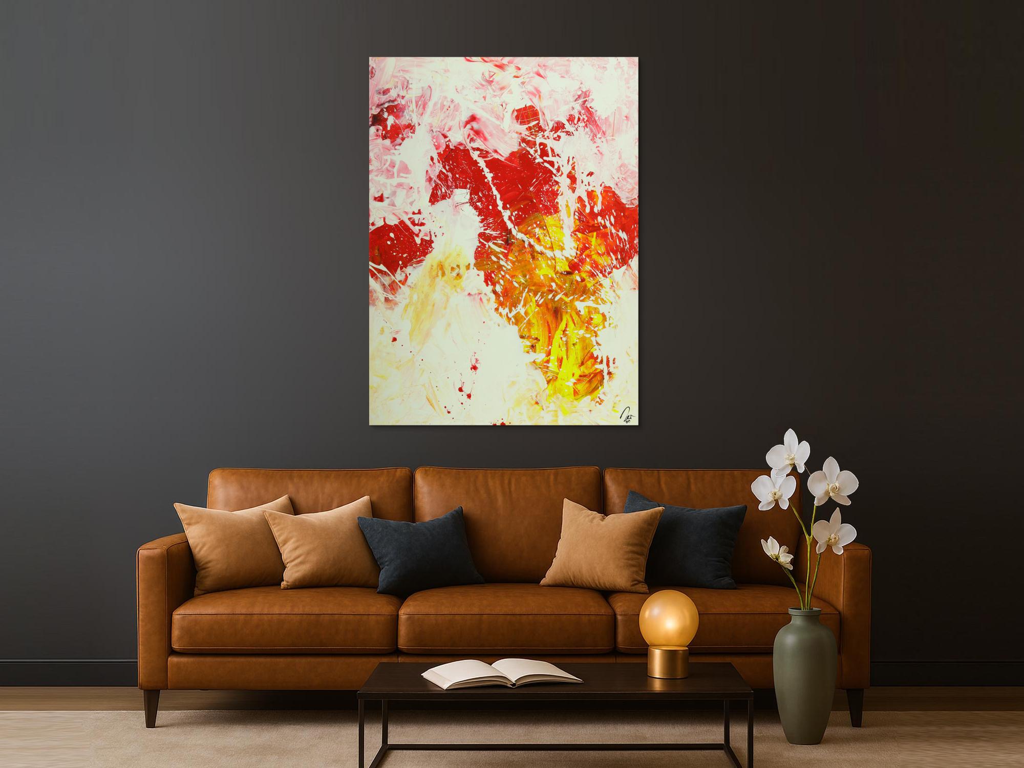 Abstraktes Gemälde Action Painting hochformat weiß rot gelb rosa handgemalt